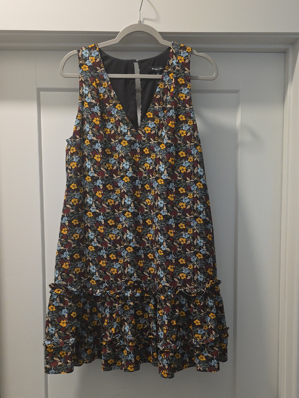 BCBG Paris Floral V-Neck Black Dress with Yellow & Blue Flowers